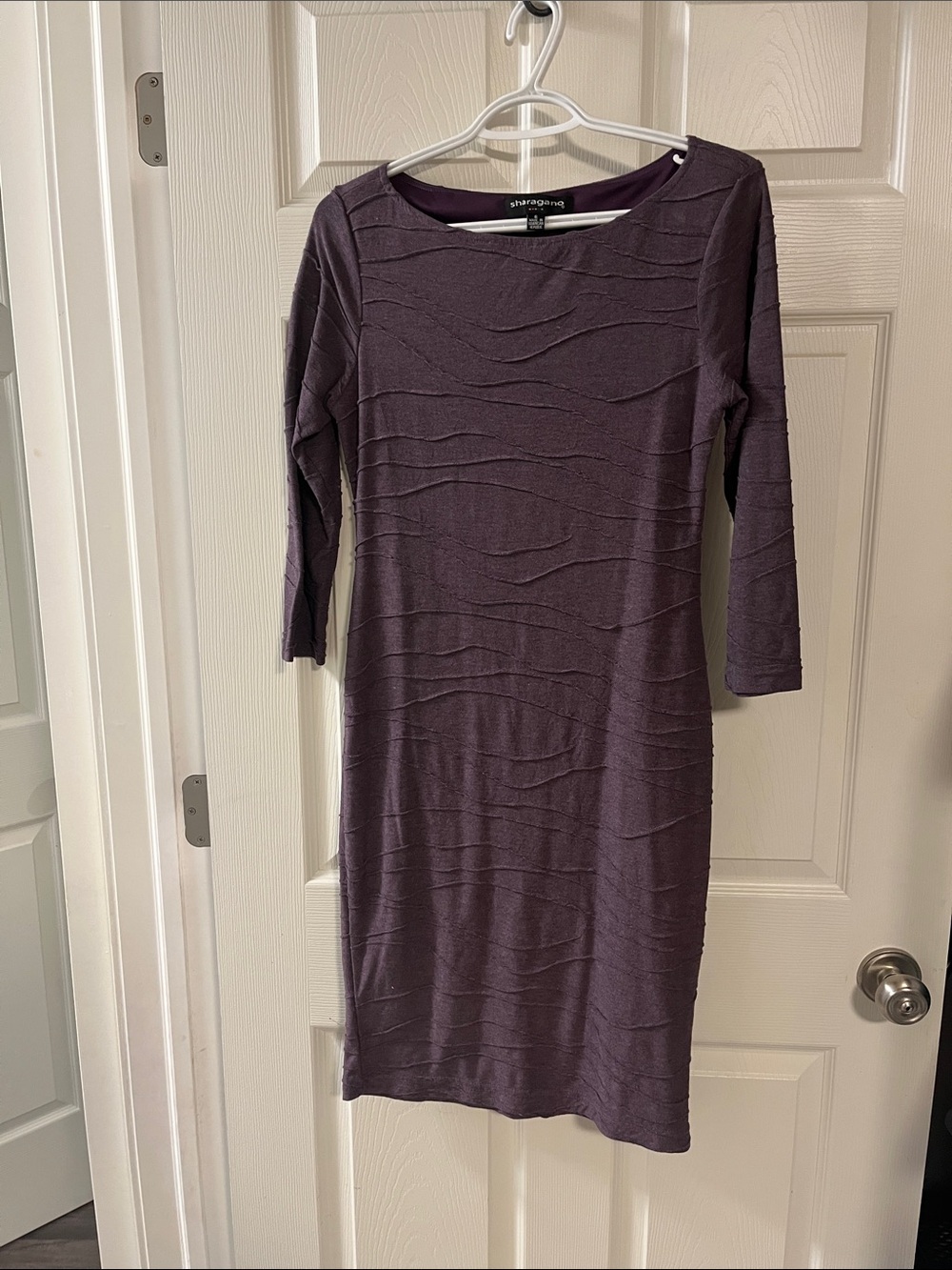 Sharagano Deep Plum Textured Long Sleeve Sheath Dress